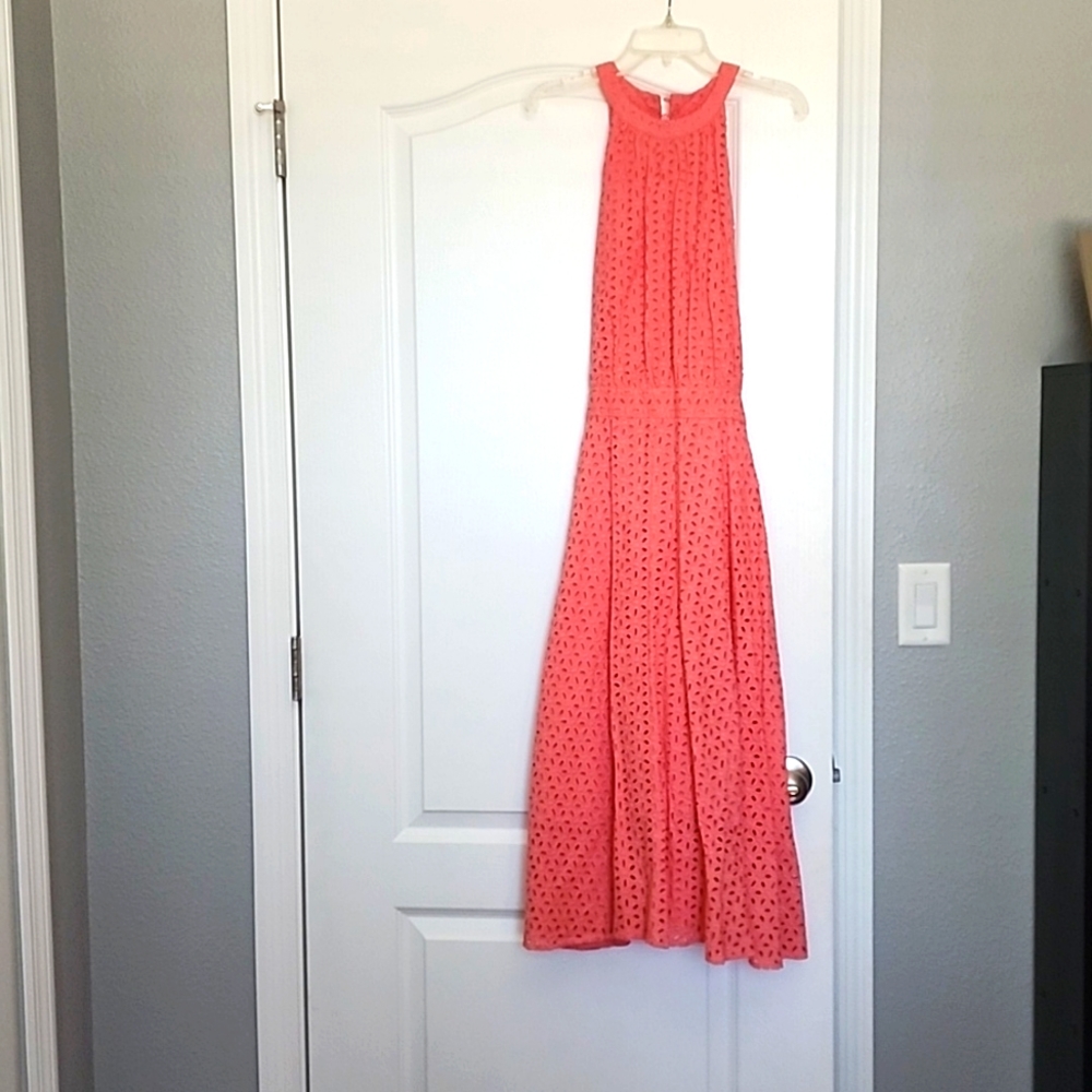 Coral Eyelet Halter Flare Dress